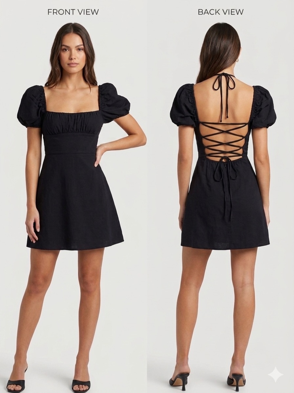 Zara Black Puff-Sleeve Lace-Up Back Mini Dress